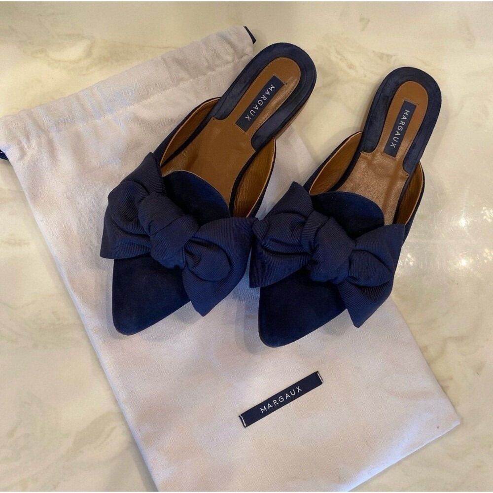 Margaux Navy Suede Bow Mules Sz 8 Wide Designer Leather Slip-on Made in Spain
